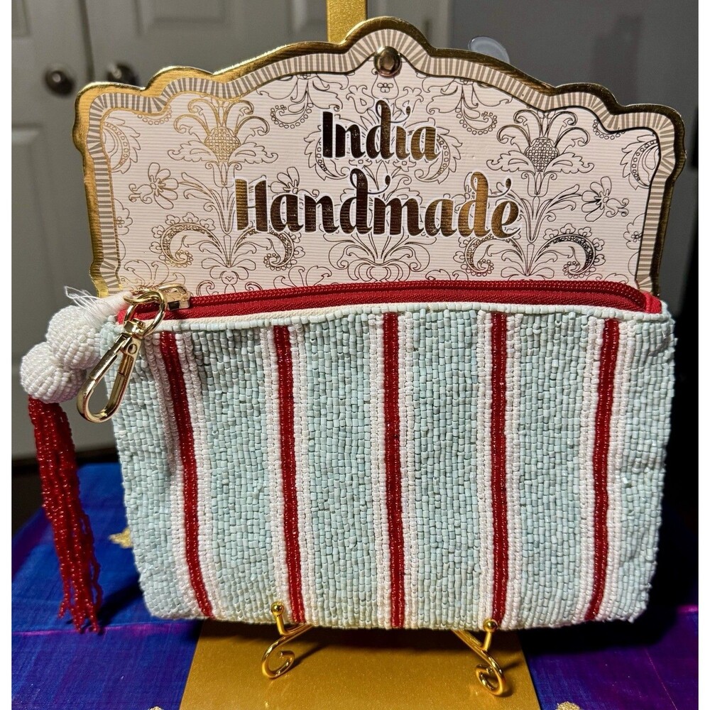 NWT India Handmade Beaded Pouch Stripe Mint Red Tassel Zipper Bag Clutch Purse